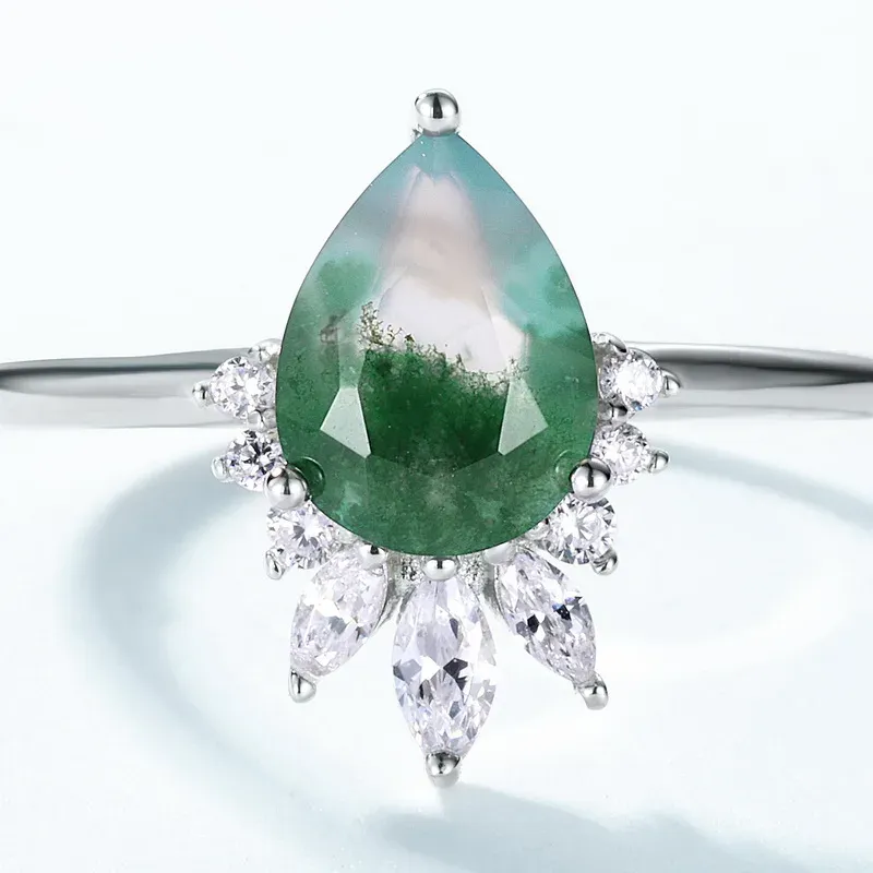 JewelyKing S925 Sterling Silver Green Natural Moss Agate Leaf Moss Agate Engagement Wedding Ring JKRS0169