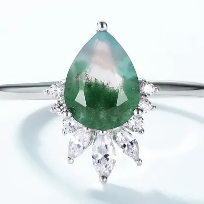 JewelyKing S925 Sterling Silver Green Natural Moss Agate Leaf Moss Agate Engagement Wedding Ring JKRS0169