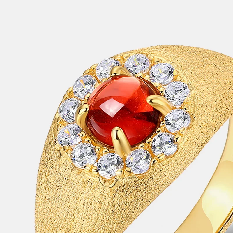 Jewelyking Italian Brushed Red Garnet Ring 14K Gold High End Retro Index Finger Jewelry Ring JKRS0101