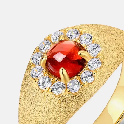Jewelyking Italian Brushed Red Garnet Ring 14K Gold High End Retro Index Finger Jewelry Ring JKRS0101