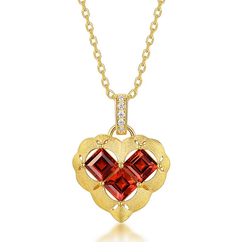 Vintage Heart Shaped Garnet Pendant Necklace 925 Sterling Silver Brushed Clavicle Chain Valentines Day Gift for Women