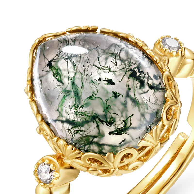 JewelyKing S925 Silver Water Drop Natural Green Moss Stone Inlaid Water Grass Agate Finger Ring JKRS0157
