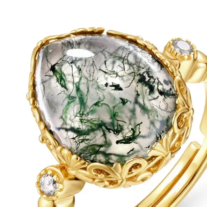 JewelyKing S925 Silver Water Drop Natural Green Moss Stone Inlaid Water Grass Agate Finger Ring JKRS0157