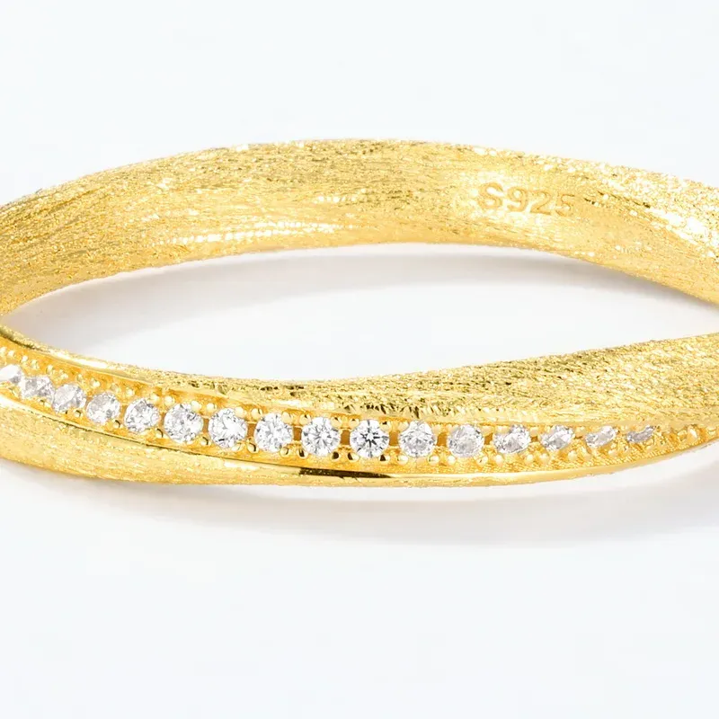 Jewelyking S925 Sterling Silver 14K Gold Plated Sandblasted Zircon Inlay Half Eternity Stackable Band JKRS0118
