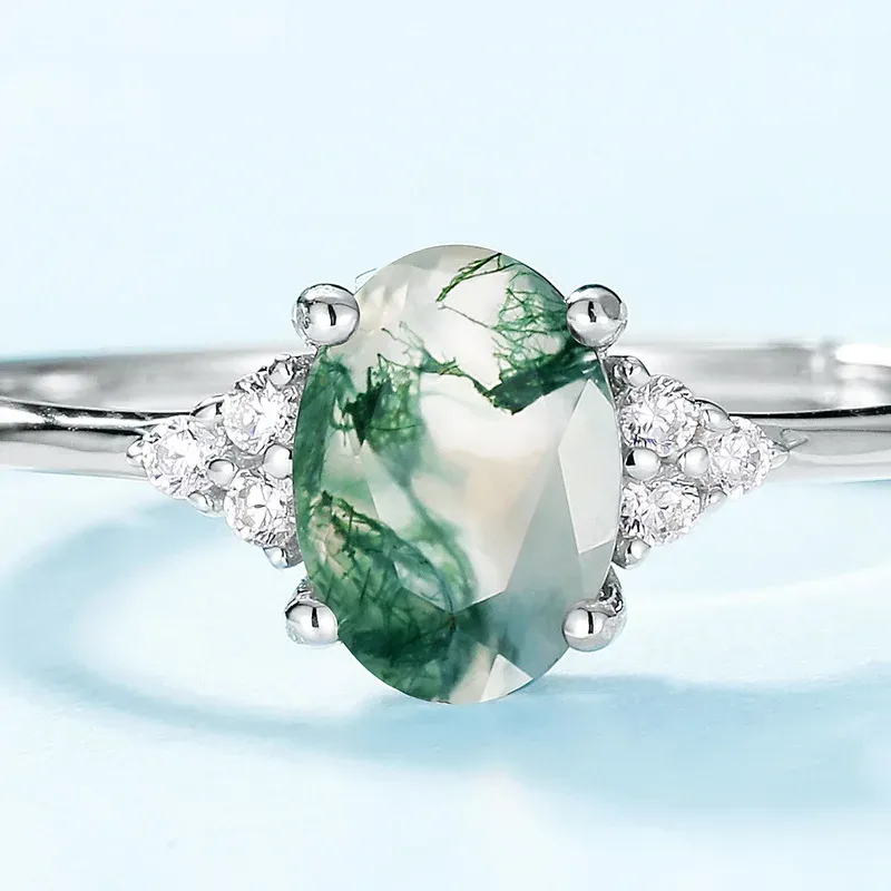 Jewelyking S925 Silver Adjustable Four Prong Setting Oval Wedding Anniversary Green Agate Ring JKRS0121