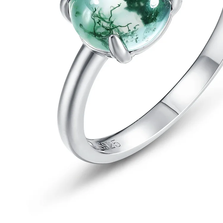 JewelyKing S925 Sterling Silver Round Cut Natural Moss Agate Engagement Ring JKRS0203