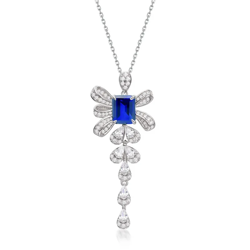 JewelyKing S925 Sterling Silver Laboratory Created Emerald Cut Ruby Sapphire Ice Crystal Pendant Necklace JKNS0179