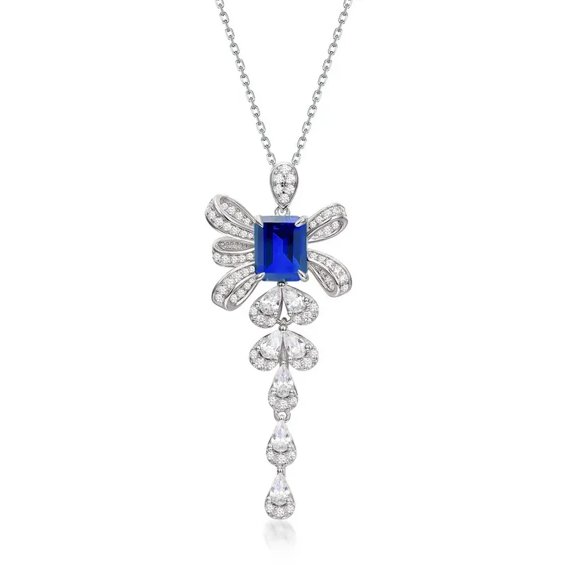 JewelyKing S925 Sterling Silver Laboratory Created Emerald Cut Ruby Sapphire Ice Crystal Pendant Necklace JKNS0179