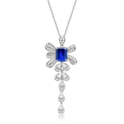 JewelyKing S925 Sterling Silver Laboratory Created Emerald Cut Ruby Sapphire Ice Crystal Pendant Necklace JKNS0179