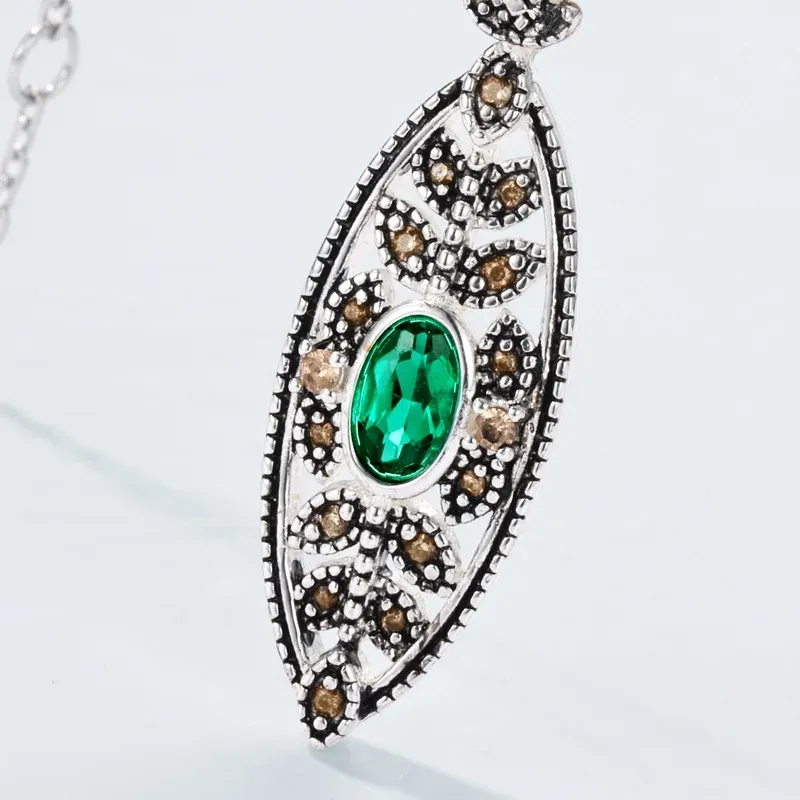 925 Sterling Silver Plated Gemstone Vintage Cz Zirconia Hollow Leaf Lab Emerald Pendant