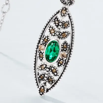 925 Sterling Silver Plated Gemstone Vintage Cz Zirconia Hollow Leaf Lab Emerald Pendant