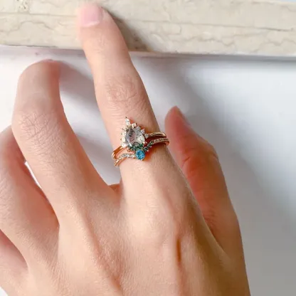 JewelyKing S925 Sterling Silver Vintage Genuine Gemstone Green Blue Nano Ring Pear Shaped Moss Agate Ring JKRS0152