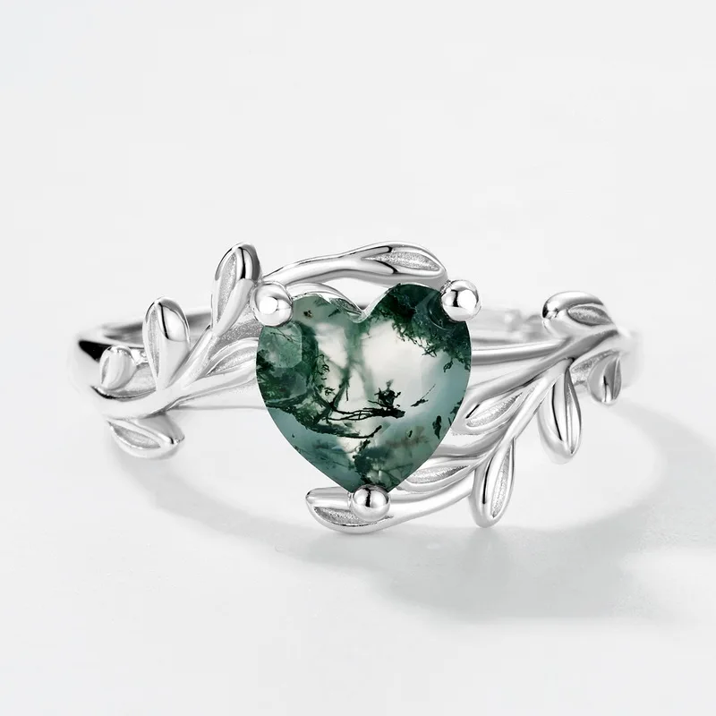 JewelyKing S925 Sterling Silver Heart Shaped Moss Agate Green Gemstone Light Luxury Ring JKRS0187