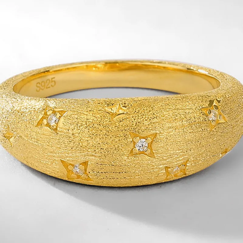 Jewelyking S925 Sterling Silver French Retro Starry Brushed Ring 14K Gold Plated Simple Light Luxury Jewelry JKRS0102