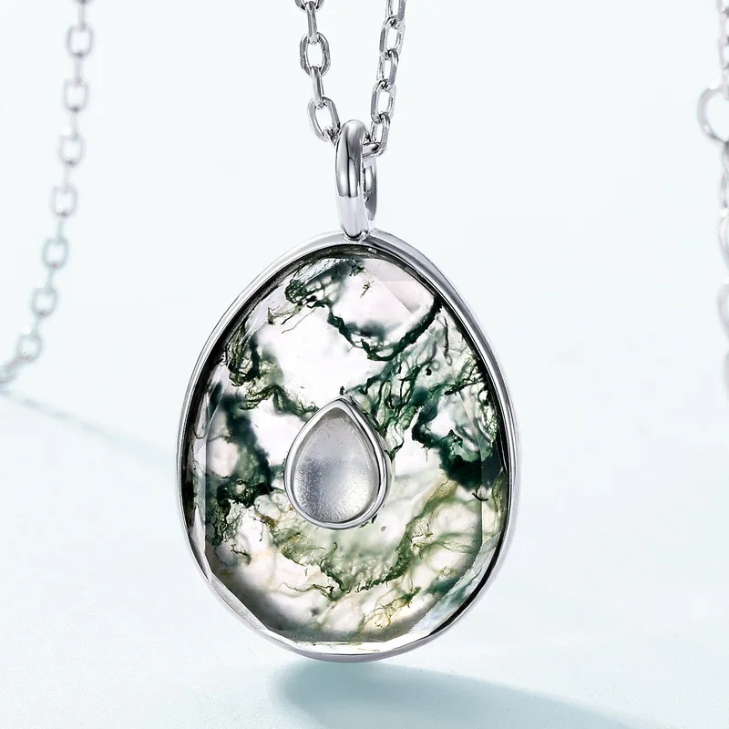 Jewelyking S925 Green Moss Agate Silver Gemstone 18K Silver Necklace JKNS0103