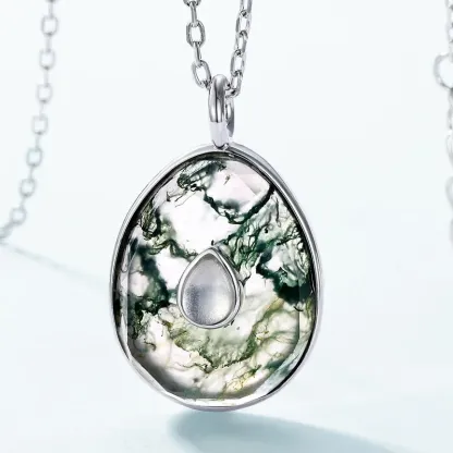 Jewelyking S925 Green Moss Agate Silver Gemstone 18K Silver Necklace JKNS0103
