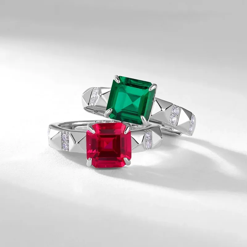 Panyu Custom Lab Emerald Princess Ring S925 Silver Inlaid Cultured Colored Gemstone Vintage Ring