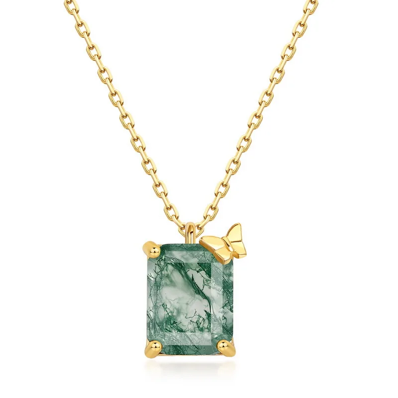 JewelyKing Natural Moss Agate Necklace Sets S925 Silver Cross Chain Women's Geometric Shape JKNS0028