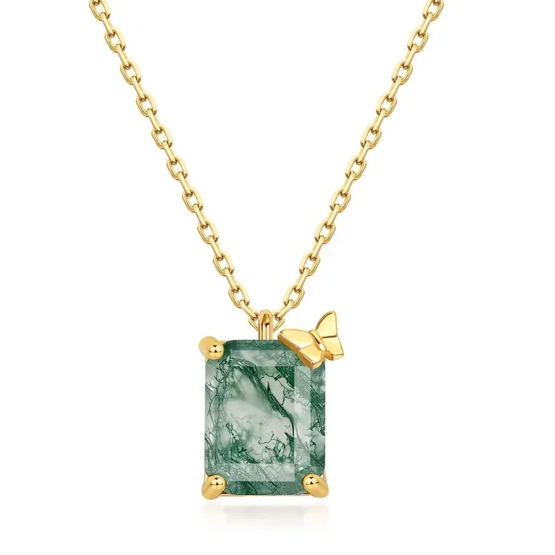 JewelyKing Natural Moss Agate Necklace Sets S925 Silver Cross Chain Women's Geometric Shape JKNS0028