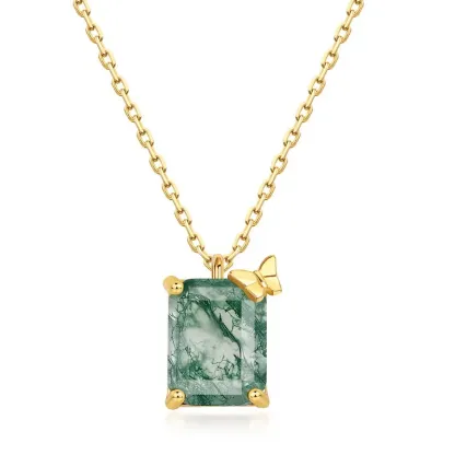 JewelyKing Natural Moss Agate Necklace Sets S925 Silver Cross Chain Women's Geometric Shape JKNS0028