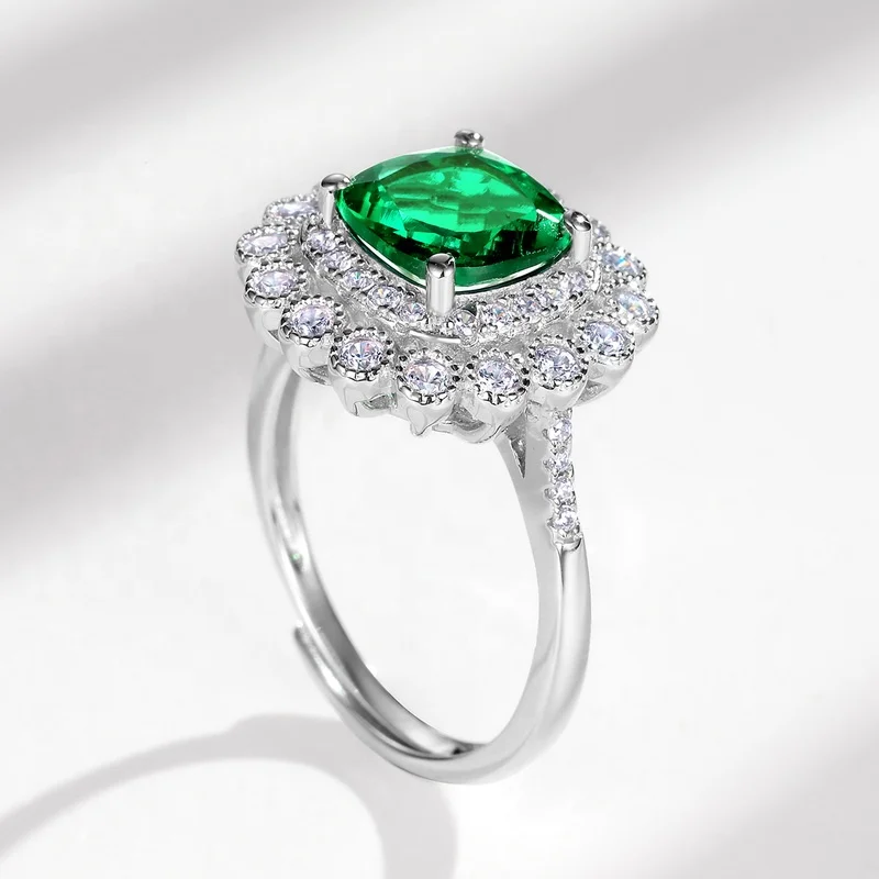 Trendy Sterling Silver Cubic Zirconia Eternity Ring Luxury Elegant Green Emeralds Lab Created Gemstone Rings