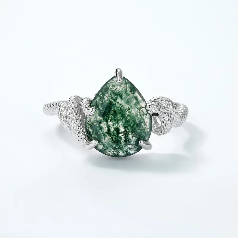 JewelyKing S925 Sterling Silver Green Moss Agate Pear Cut Snake Design Natural Gemstone Statement Ring JKRS0008