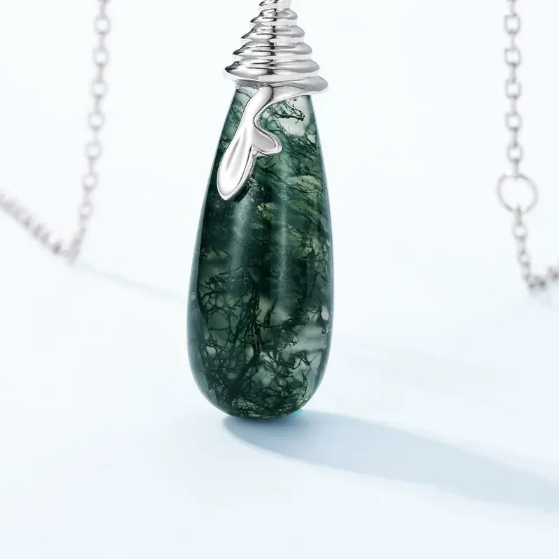 Jewelyking S925 Sterling Silver Green Moss Agate Stone Water Drop Pendant Necklace JKNS0096