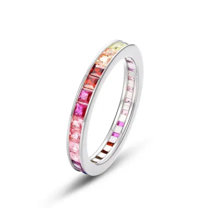 Custom  Multi Color Rainbow Ring 925 Sterling Silver Round Square CZ Shape Rainbow Wedding Band Ring for Women