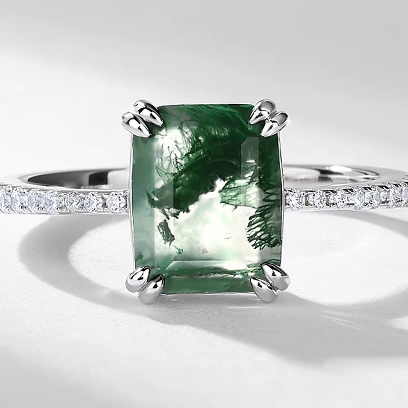 JewelyKing S925 Silver Green Moss Stone Unique Natural Aquatic Agate Ring JKRS0179