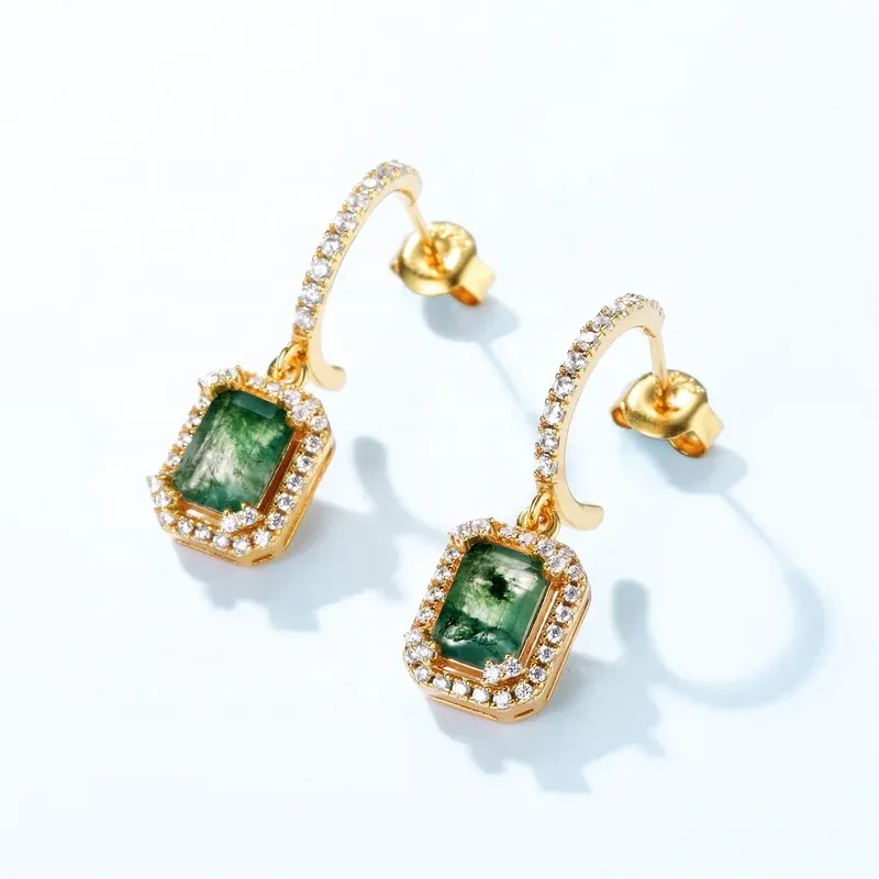 Jewelyking S925 Sterling Silver Green Gemstone Stud Earring 18K Gold Plated Rectangle Moss Agate Drop Earrings JKES0073
