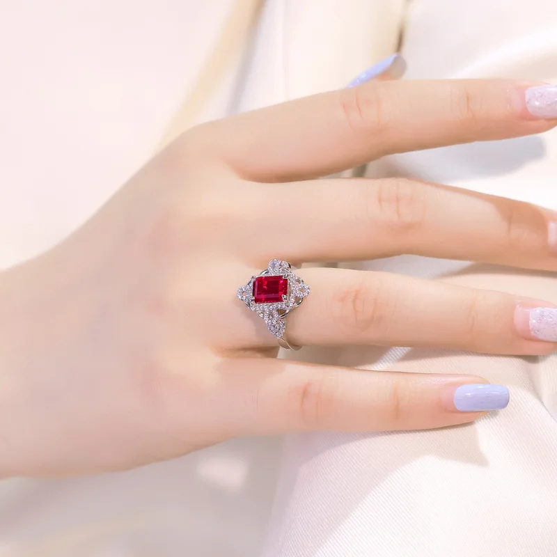 JewelyKing S925 Sterling Silver Emerald Lab Grown Ruby Halo Vintage Cocktail Ring JKRS0254