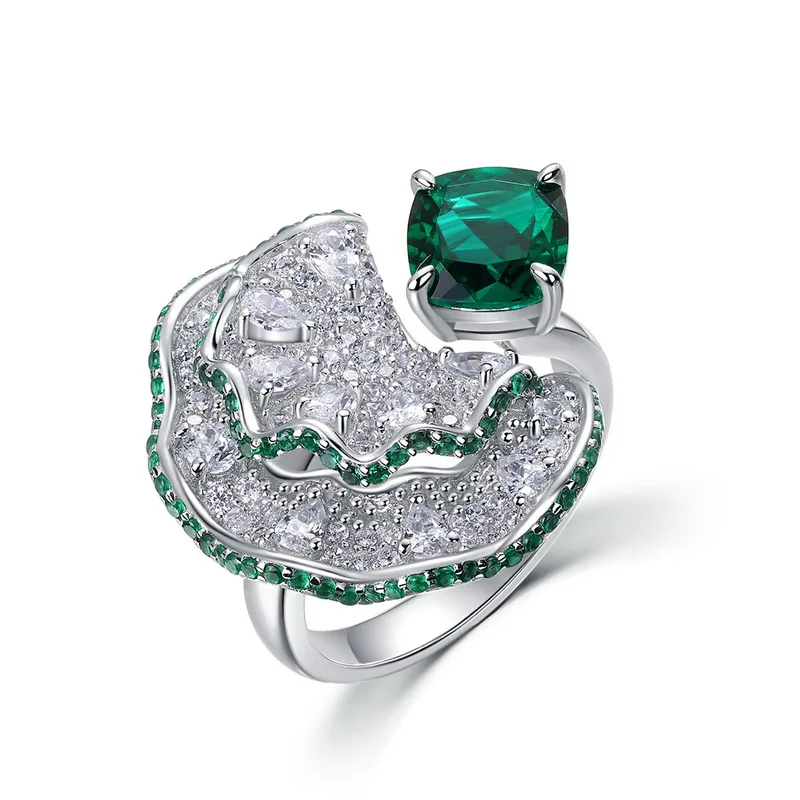 Panyu 925 Silver Adjustable Ring Lab Created Emerald Elegant Fan Shaped Gemstone Design