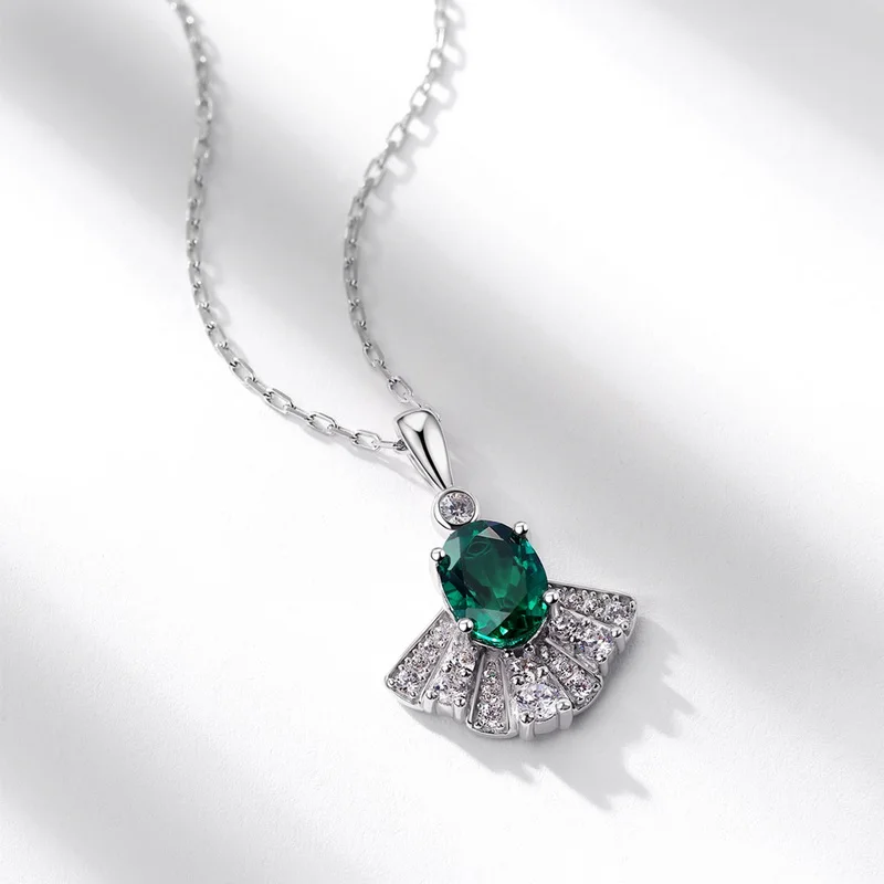 Fine Jewelry Elegant Lab Emerald Necklace Fan Shaped Pendant 925 Silver Birthstone Gift for Women