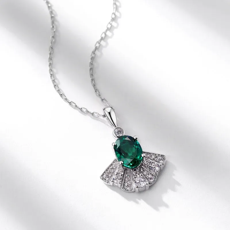 Fine Jewelry Elegant Lab Emerald Necklace Fan Shaped Pendant 925 Silver Birthstone Gift for Women