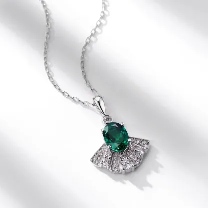 Fine Jewelry Elegant Lab Emerald Necklace Fan Shaped Pendant 925 Silver Birthstone Gift for Women