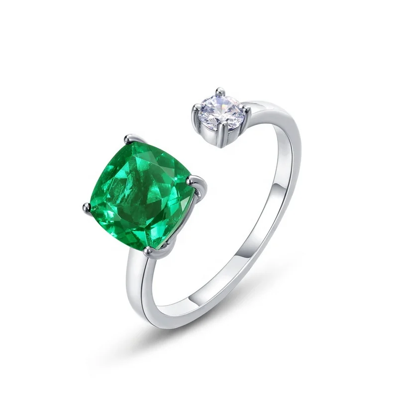 High Quality 925 Sterling Silver Green Gemstone Adjustable Ring Luxury Lab Grown Emeralds Openning Finger Ring for Women