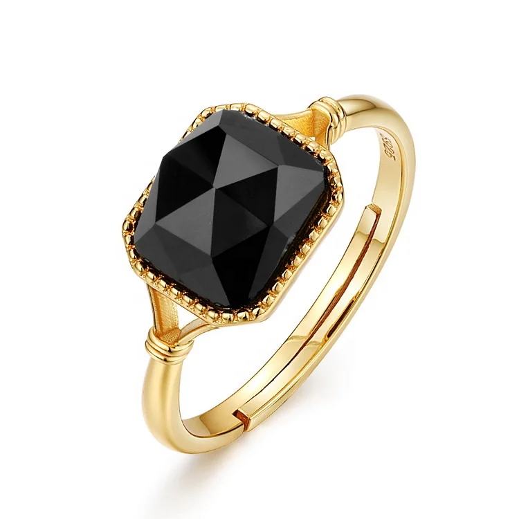 JewelyKing S925 Silver Simple Gold Plating Natural Stone Black Agate Ring JKRS0282