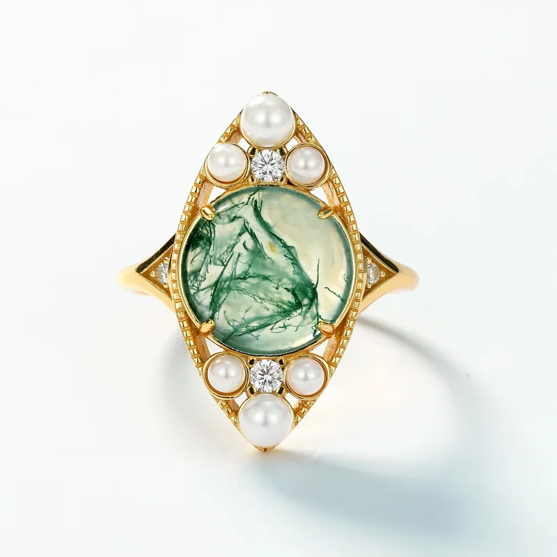 JewelyKing S925 Sterling Silver Vintage Natural Green Moss Agate Pearl Fancy Gold Ring JKRS0191