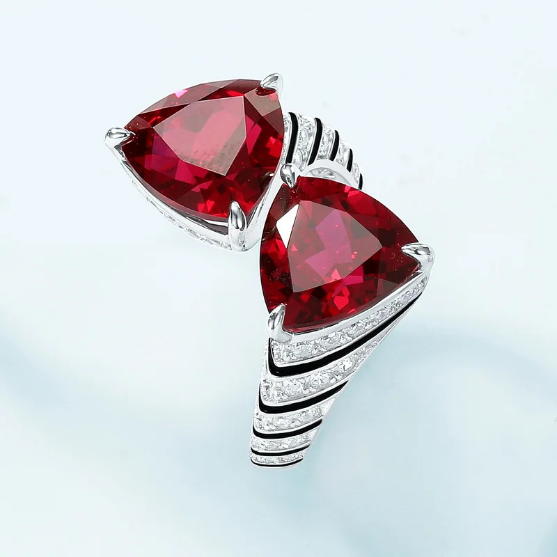 JewelyKing S925 Silver Exquisite Triangular Diamond Inlaid Cultivation of Colored Gemstone Open Ring  JKRS0286