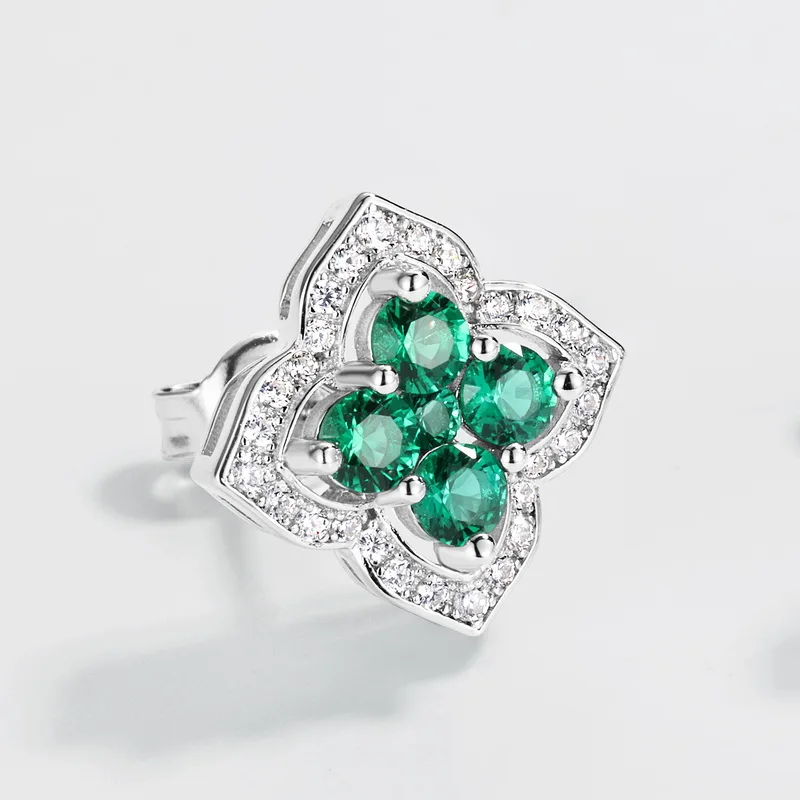 Silver Sterling S925 Earring  Premium Design Four Leaf Clover Flower Lab Grown Emerald Ear Stud