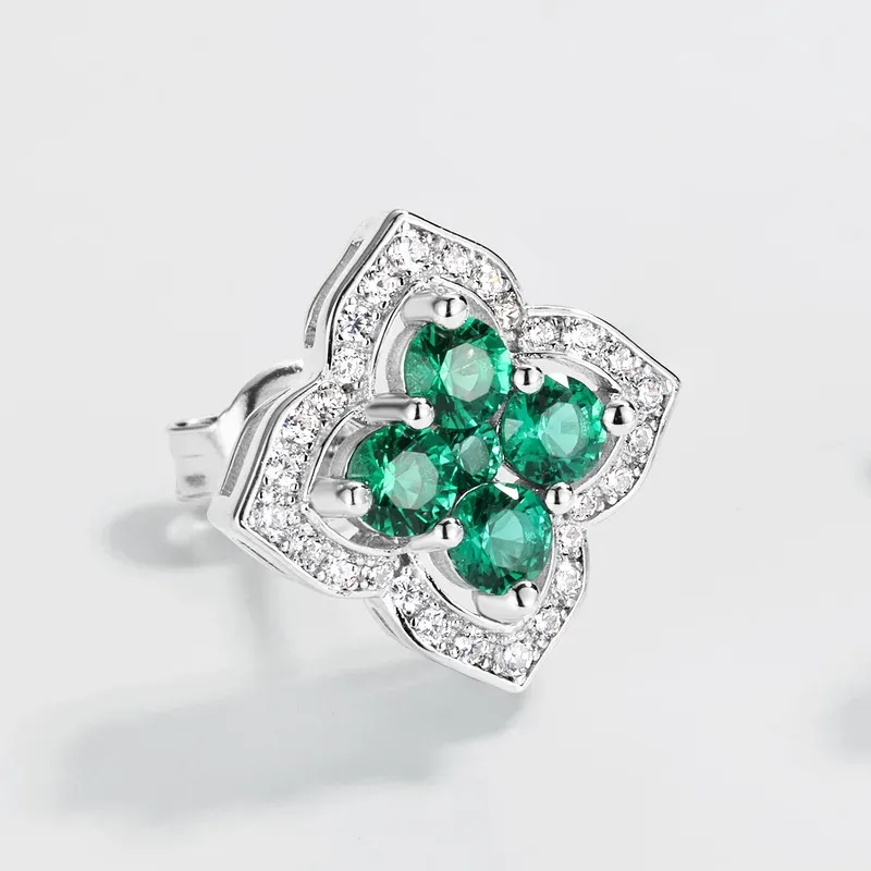 Silver Sterling S925 Earring  Premium Design Four Leaf Clover Flower Lab Grown Emerald Ear Stud