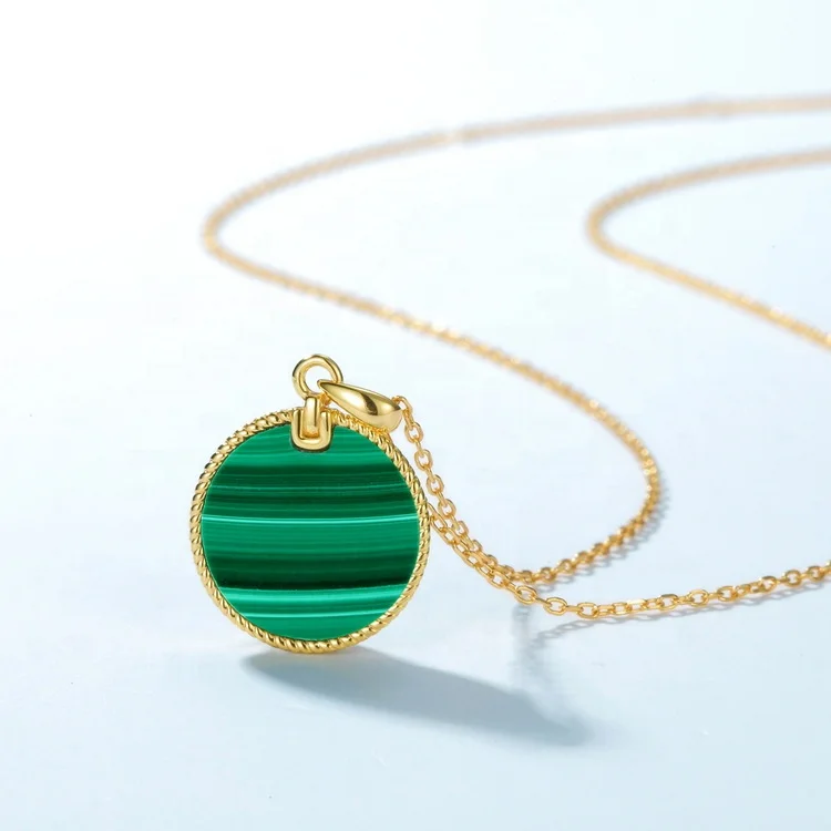 JewelyKing Natural Gem Stone Gold Plated Round Coin Simple Womens Green Malachite Pendant Necklace JKNS0171
