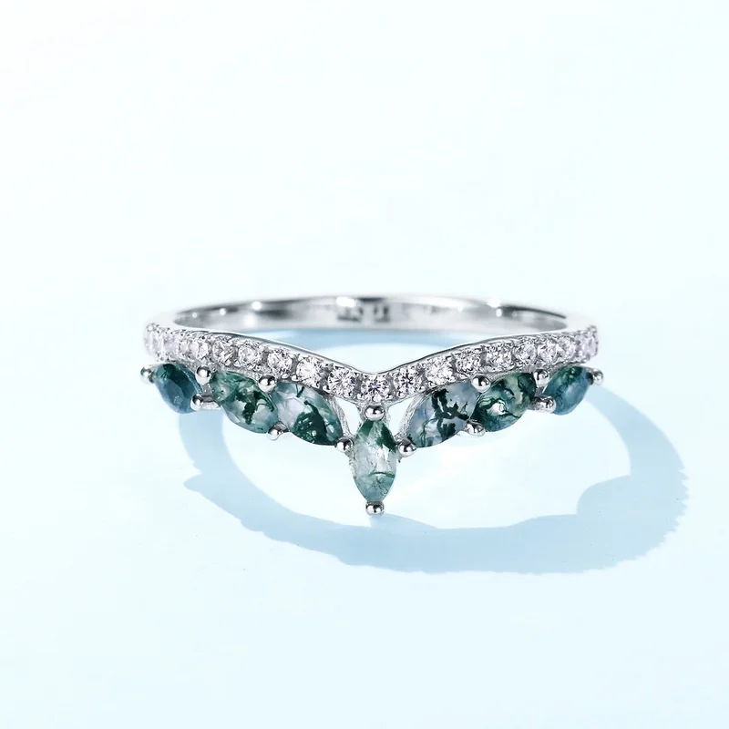 JewelyKing S925 Sterling Silver Green Gemstone Cubic Zirconia Curve Crown Green Moss Agate Ring JKRS0227