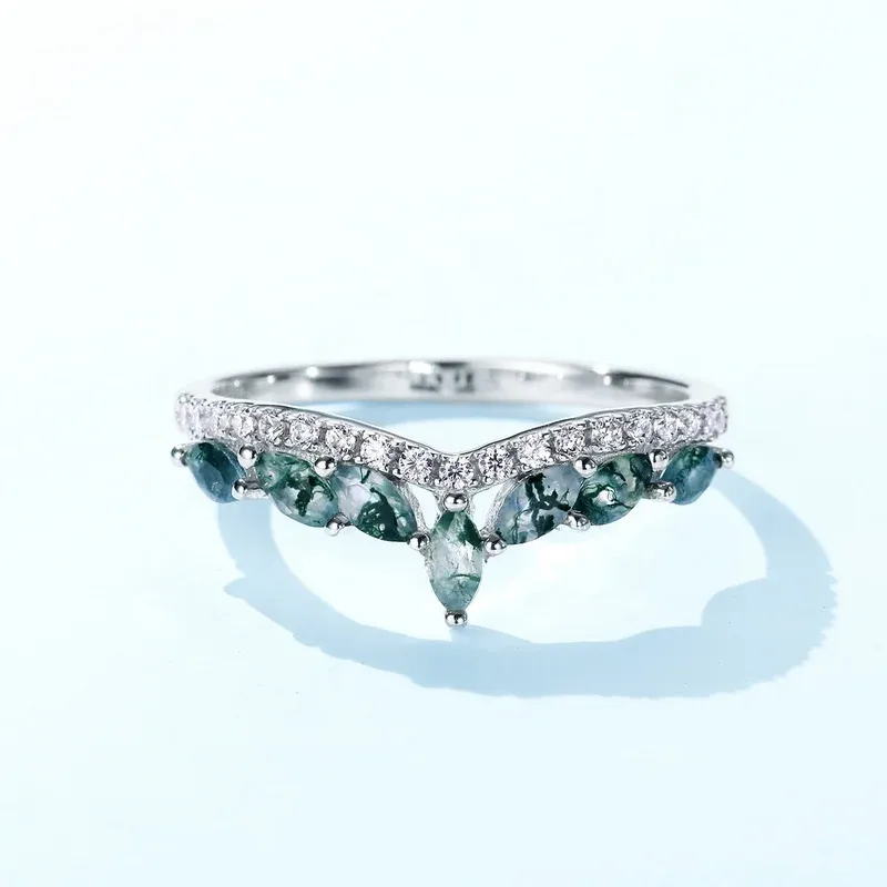 JewelyKing S925 Sterling Silver Green Gemstone Cubic Zirconia Curve Crown Green Moss Agate Ring JKRS0227