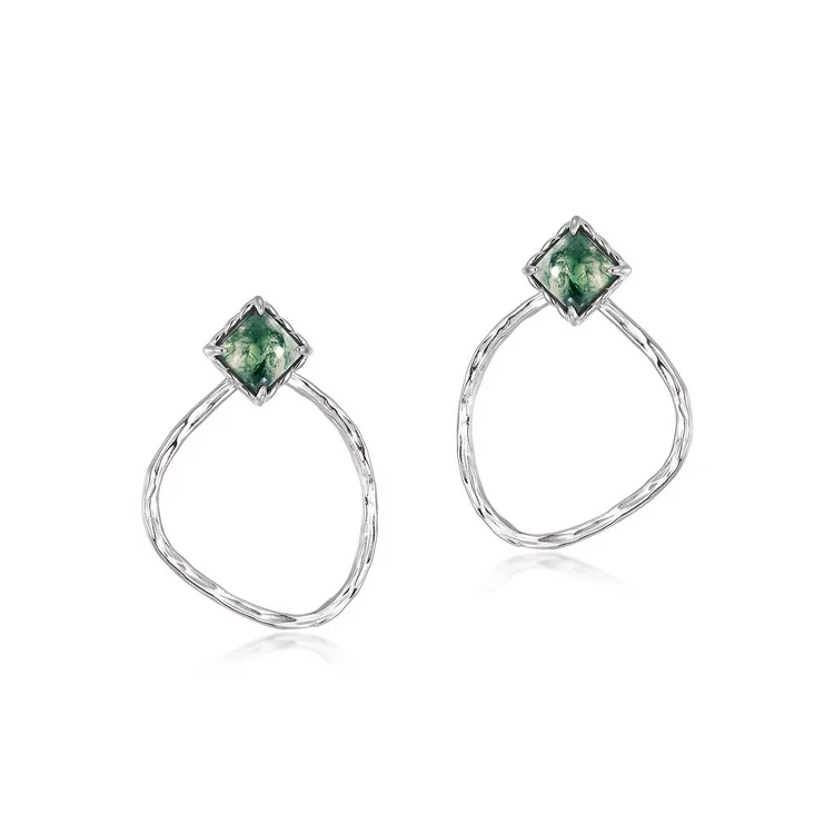 Jewelyking S925 Silver Hoop Stud Earrings Green Moss Agate Crystal Hiphop JKES0074
