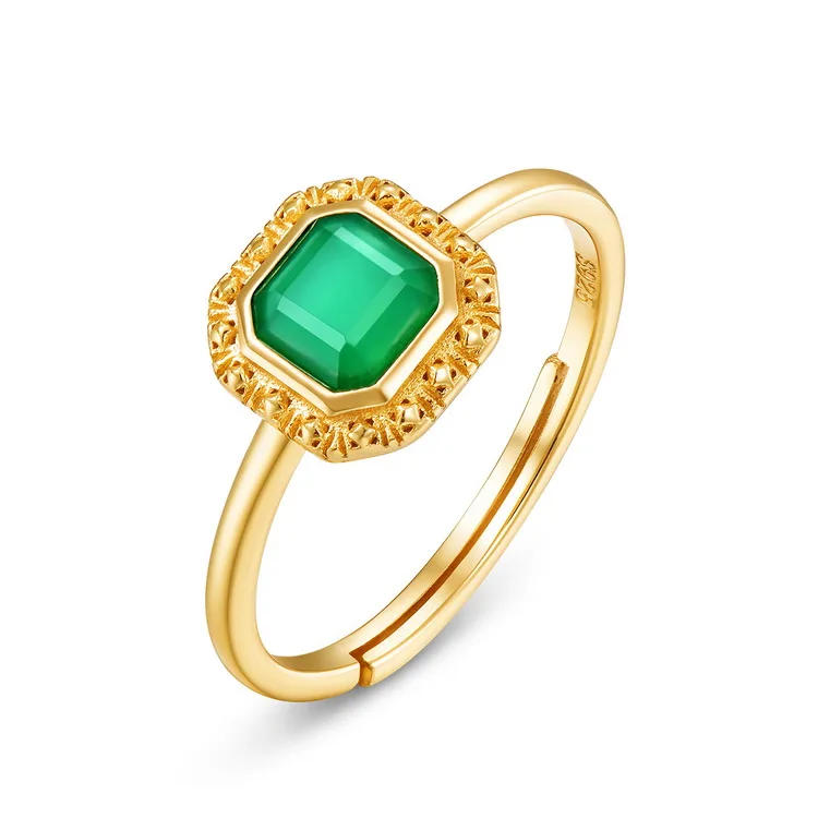 JewelyKing S925 Silver Green Agate Natural Gemstone Party Engagement Ring JKRS0294