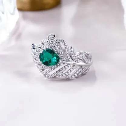 Panyu Custom Feather Style Lab Created Emerald Ring  Elegant 925 Sterling Silver Statement Jewelry