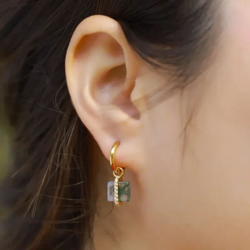 Jewelyking S925 Sterling Silver 14K Gold Plated Square Moss Agate Dangle Huggie Hoop Pave CZ Accent Minimalist Geometric Earrings JKES0102