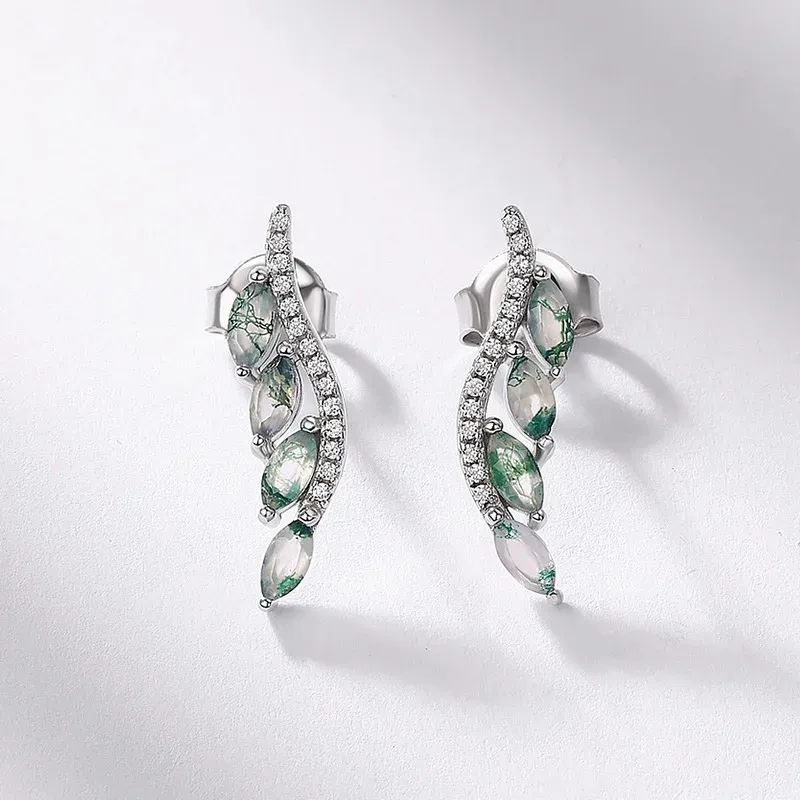 Jewelyking S925 Sterling Silver Simple Luxury Green Moss Agate Leaf Natural Gemstone Hook Earrings JKES0105