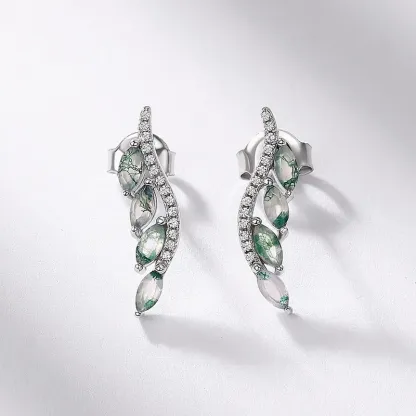 Jewelyking S925 Sterling Silver Simple Luxury Green Moss Agate Leaf Natural Gemstone Hook Earrings JKES0105
